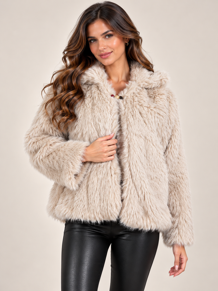 Beige Luxury Shaggy Faux Fur Jacket with Pearl Clasp