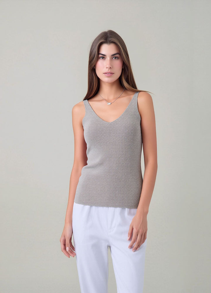Beige Sleeveless Knit Shimmer Vest Top