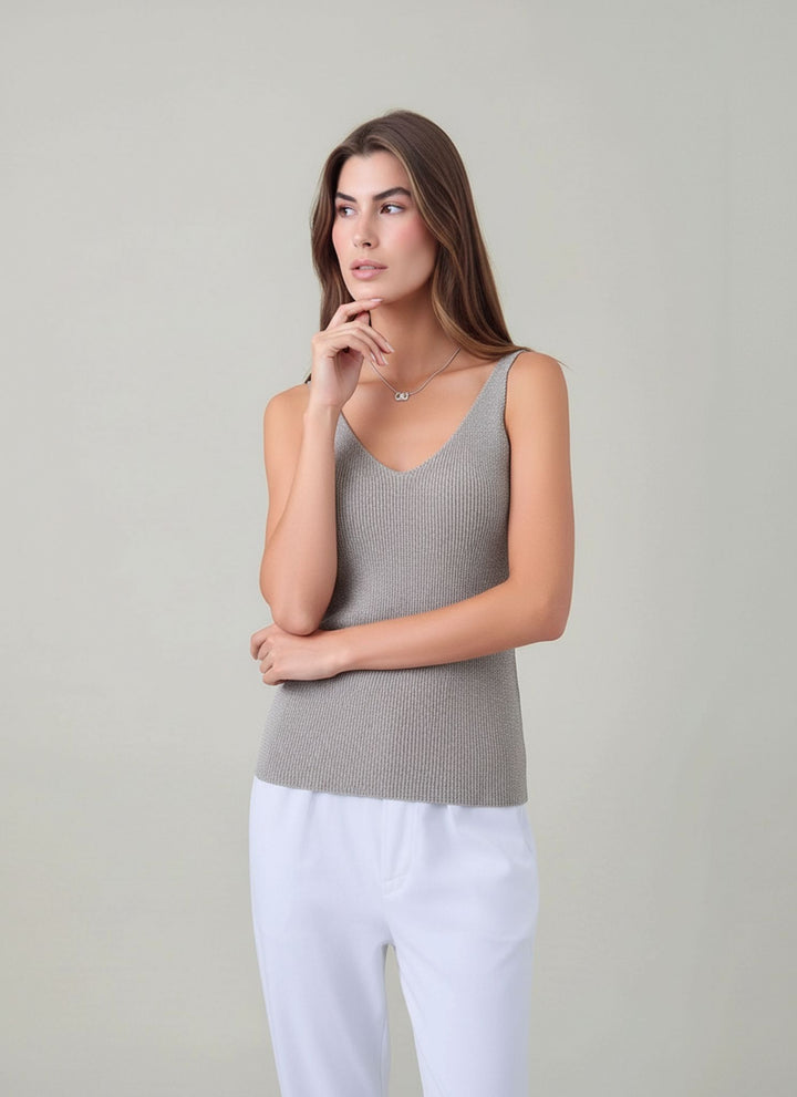 Beige Sleeveless Knit Shimmer Vest Top