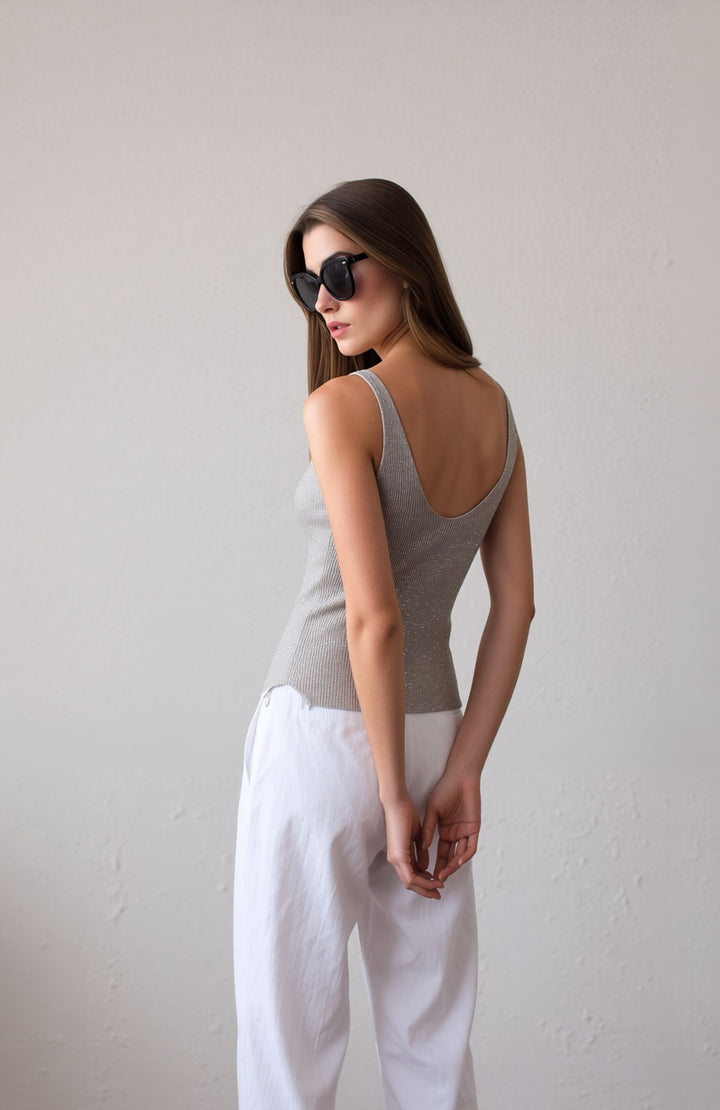 Beige Sleeveless Knit Shimmer Vest Top
