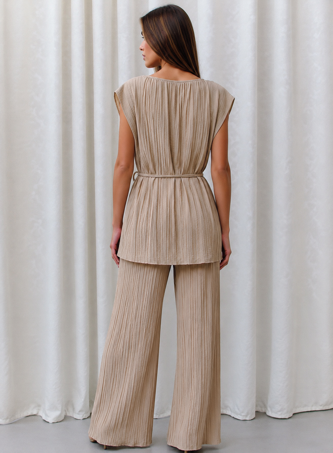 Beige Pleated Wide Leg Co-Ord Set Elegant Relaxed Fit Two Piece Outfit
