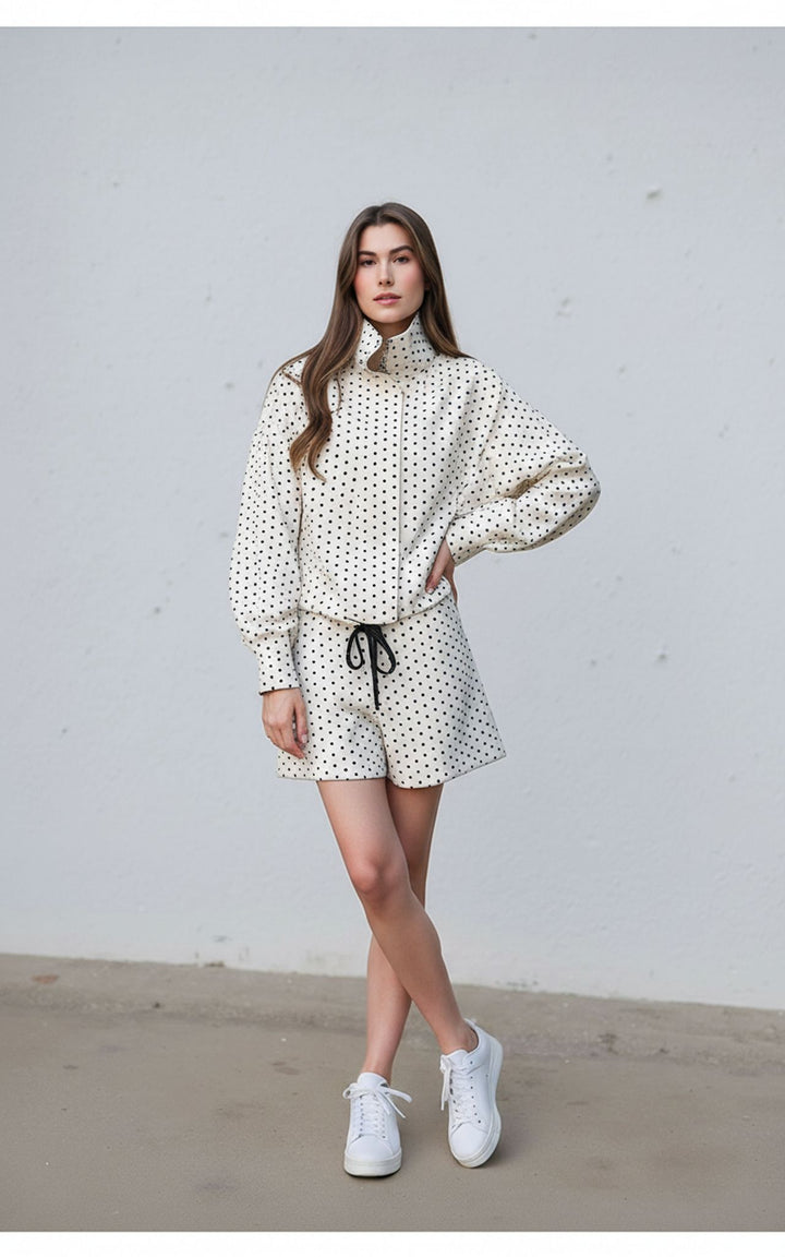 Beige Polka Dot Oversized Jacket & Shorts Loungewear Chic Co-ord