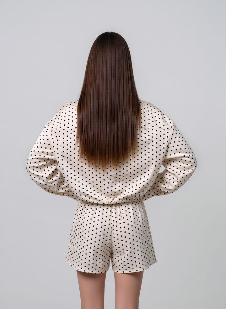 Beige Polka Dot Oversized Jacket & Shorts Loungewear Chic Co-ord