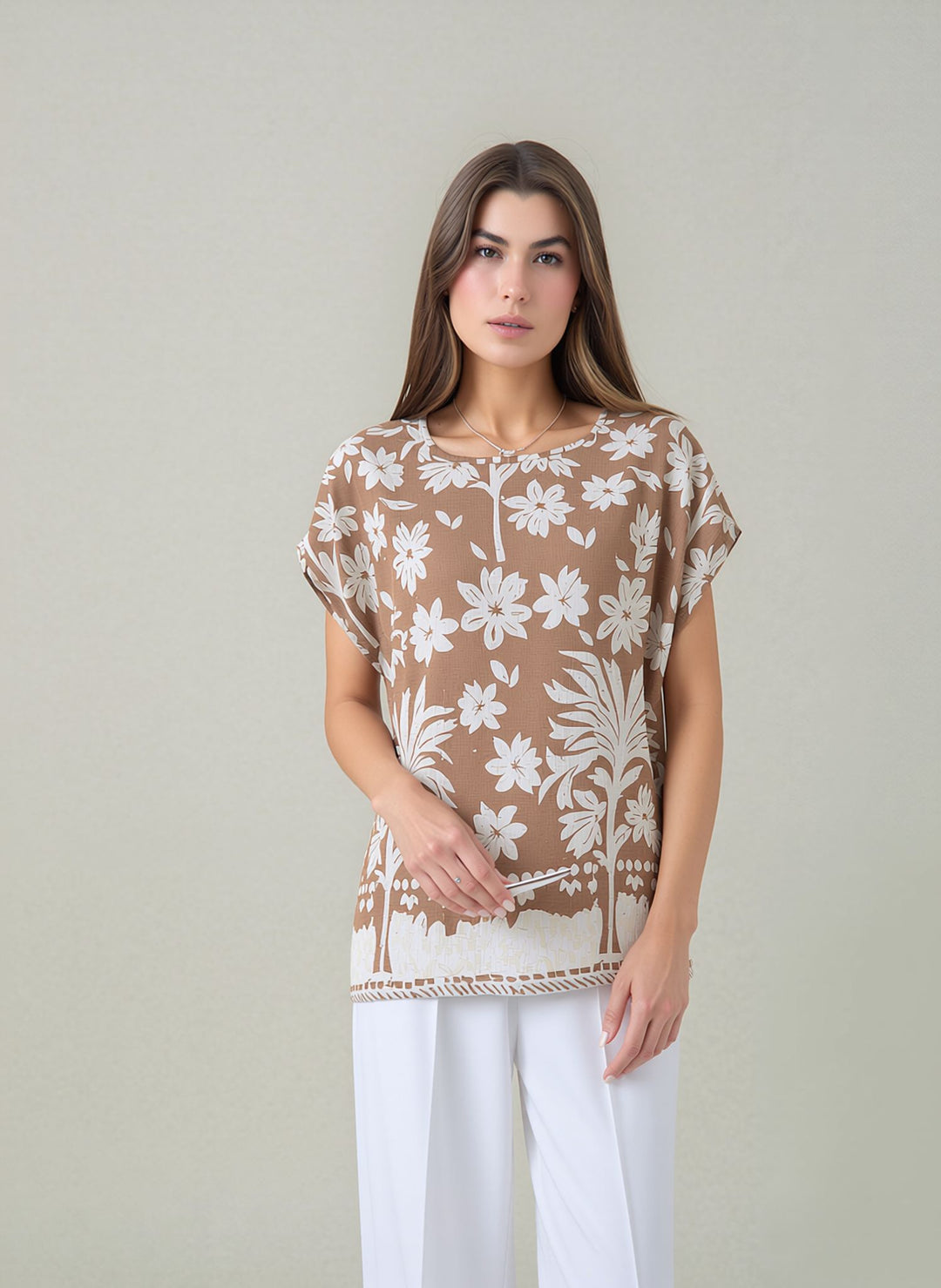 Beige Relaxed Fit Short Sleeve Tunic Top Lightweight Cotton Rich Casual Summer Shirt