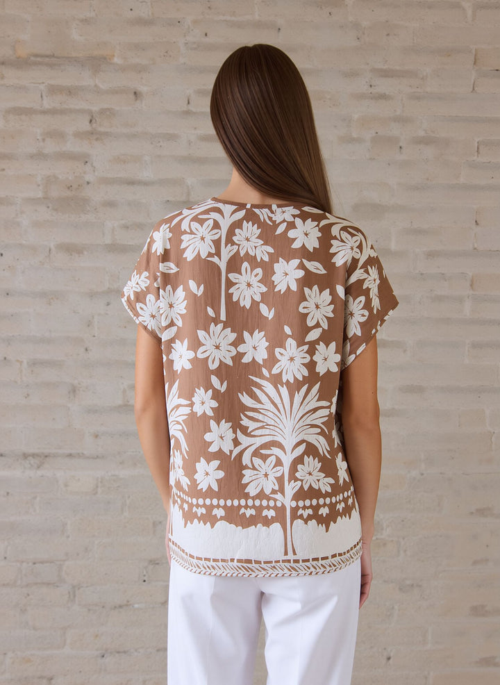 Beige Relaxed Fit Short Sleeve Tunic Top Lightweight Cotton Rich Casual Summer Shirt