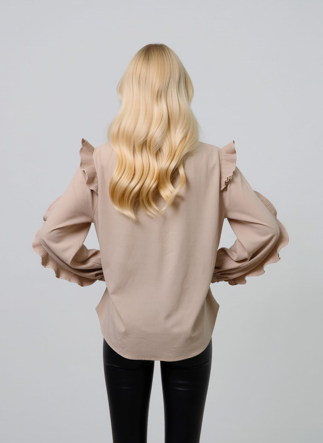Beige Ruffle Sleeve Shirt Elegant Button Blouse