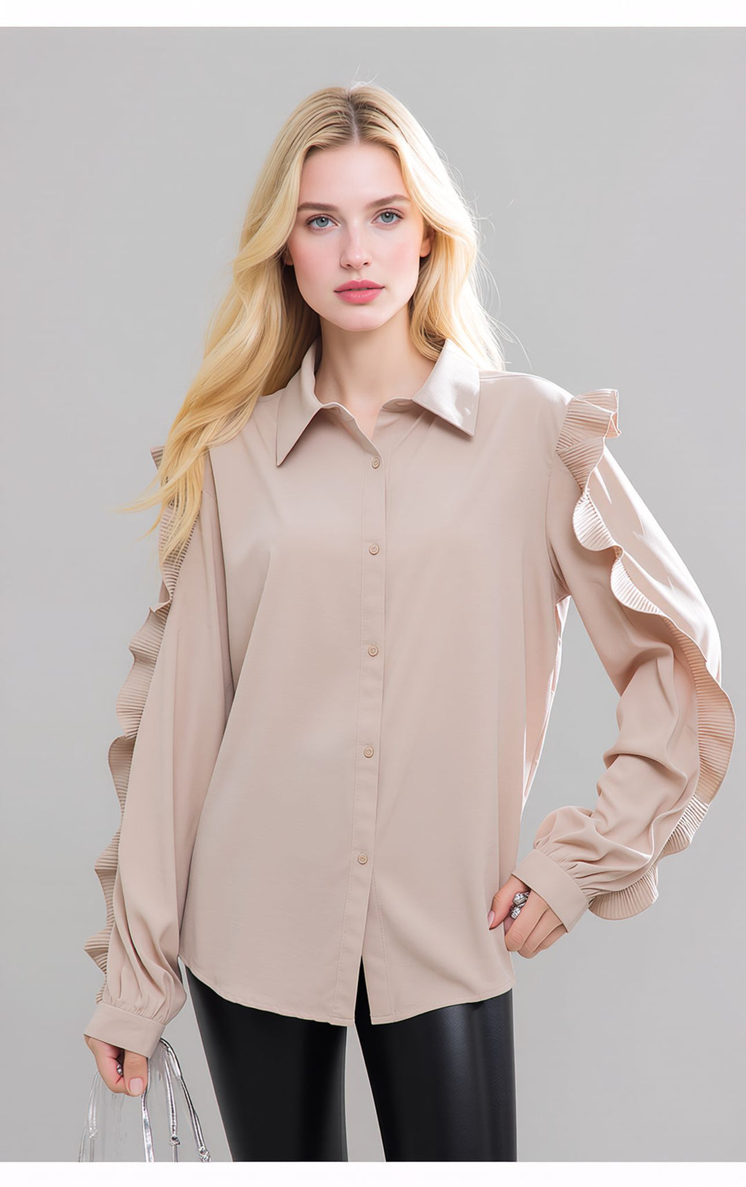 Beige Ruffle Sleeve Shirt Elegant Button Blouse