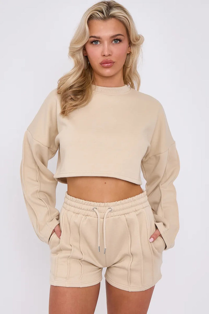 Beige Seam Detail Oversized Crop Jumper & Shorts Loungewear Co-ord