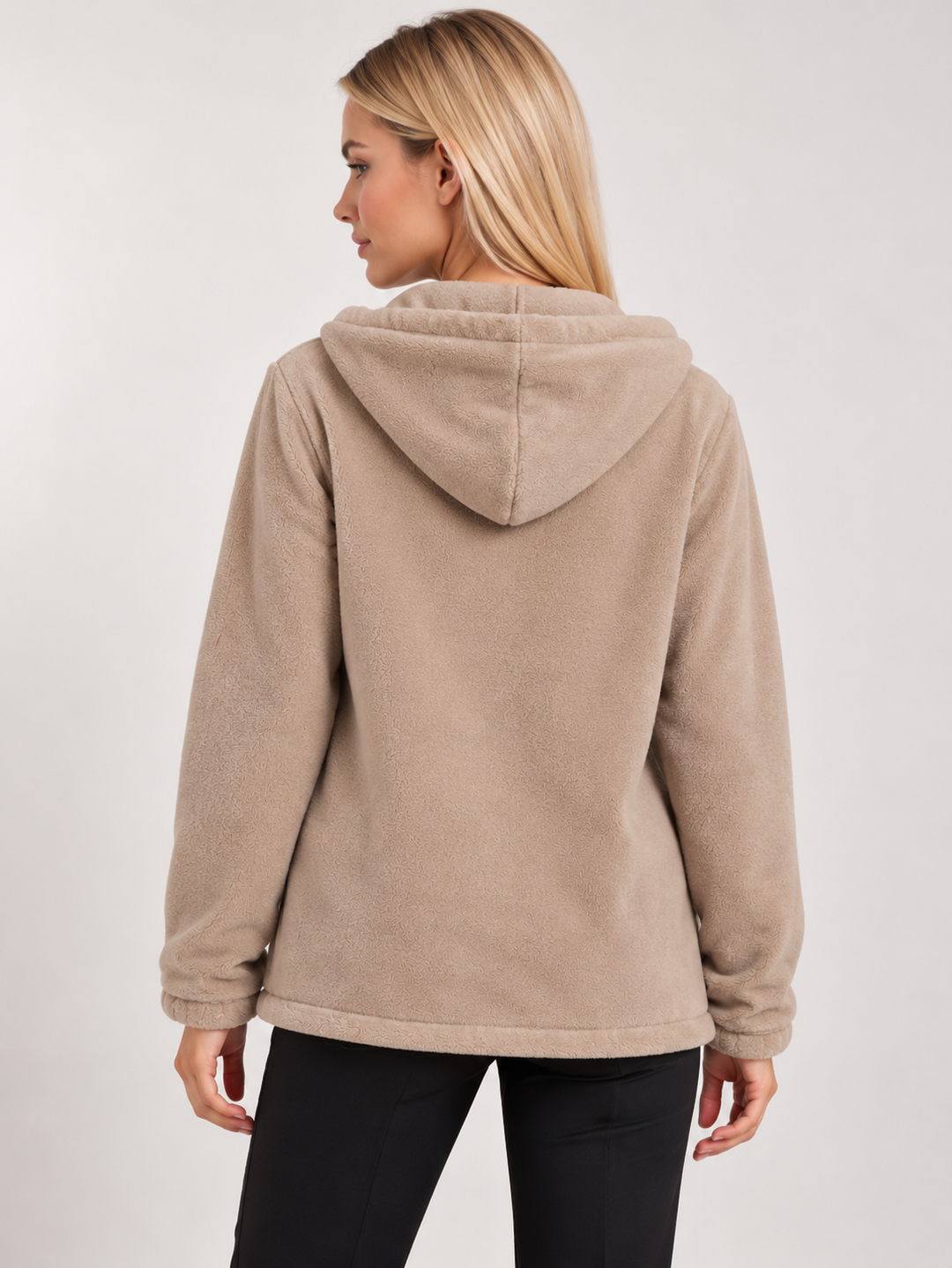 Beige Sherpa Lined Zip-Up Hooded Fleece Jacket