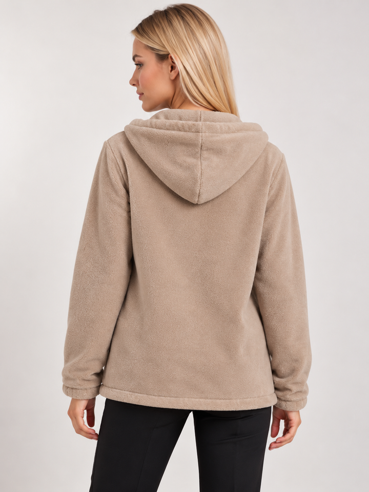 Beige Sherpa Lined Zip-Up Hooded Fleece Jacket
