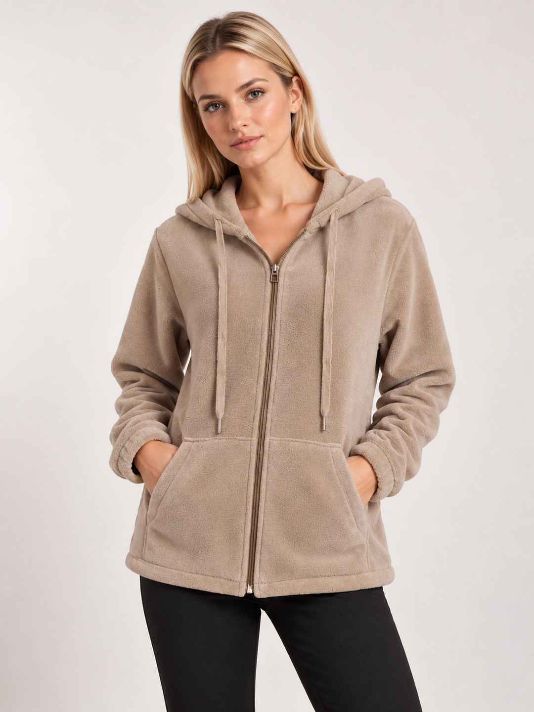 Beige Sherpa Lined Zip-Up Hooded Fleece Jacket