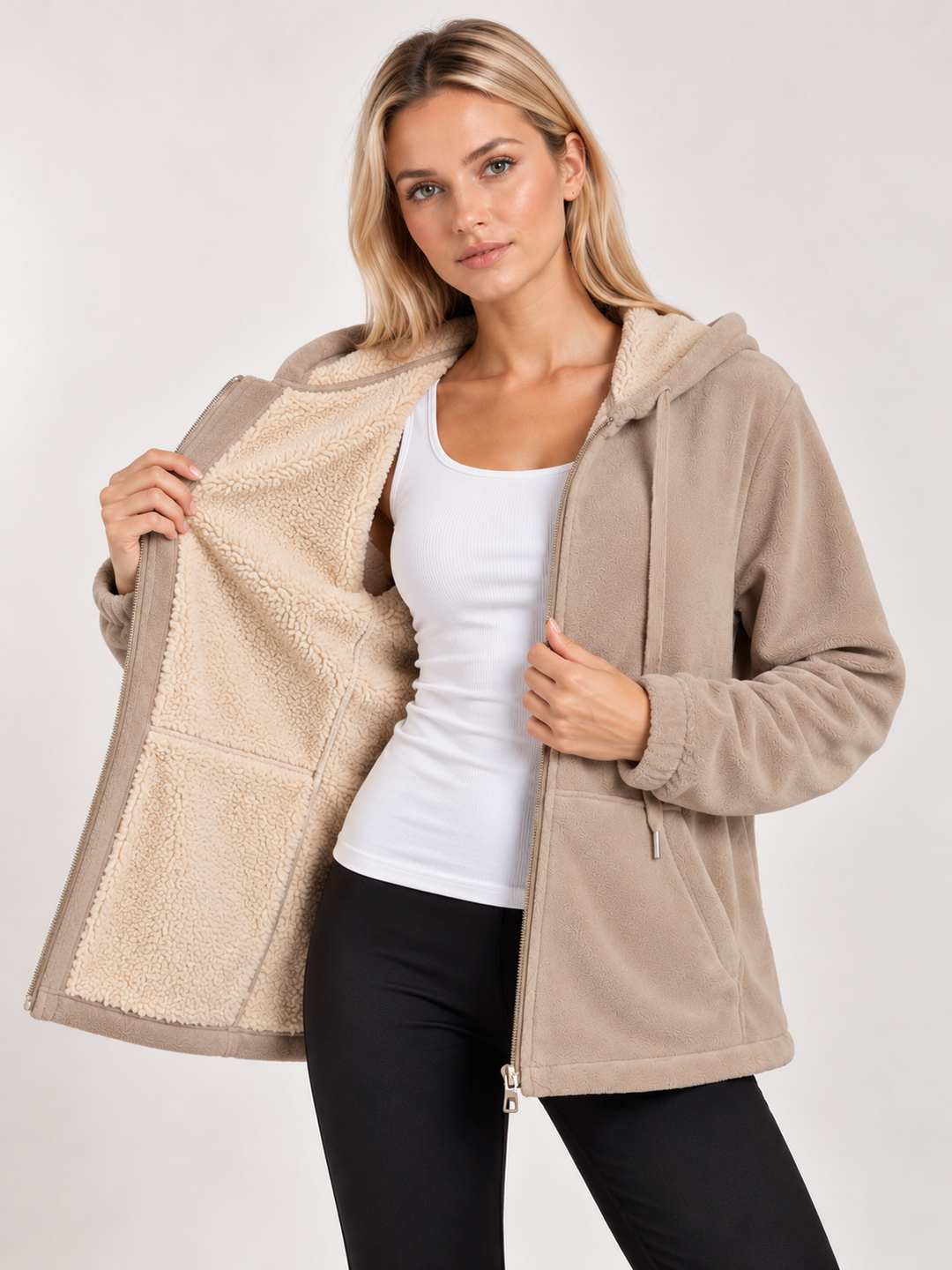 Beige Sherpa Lined Zip-Up Hooded Fleece Jacket