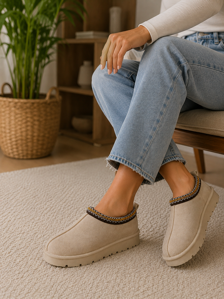 Beige Snug Mule Faux Suede Clogs Comfortable Slip-On Shoes with Patterned Trim