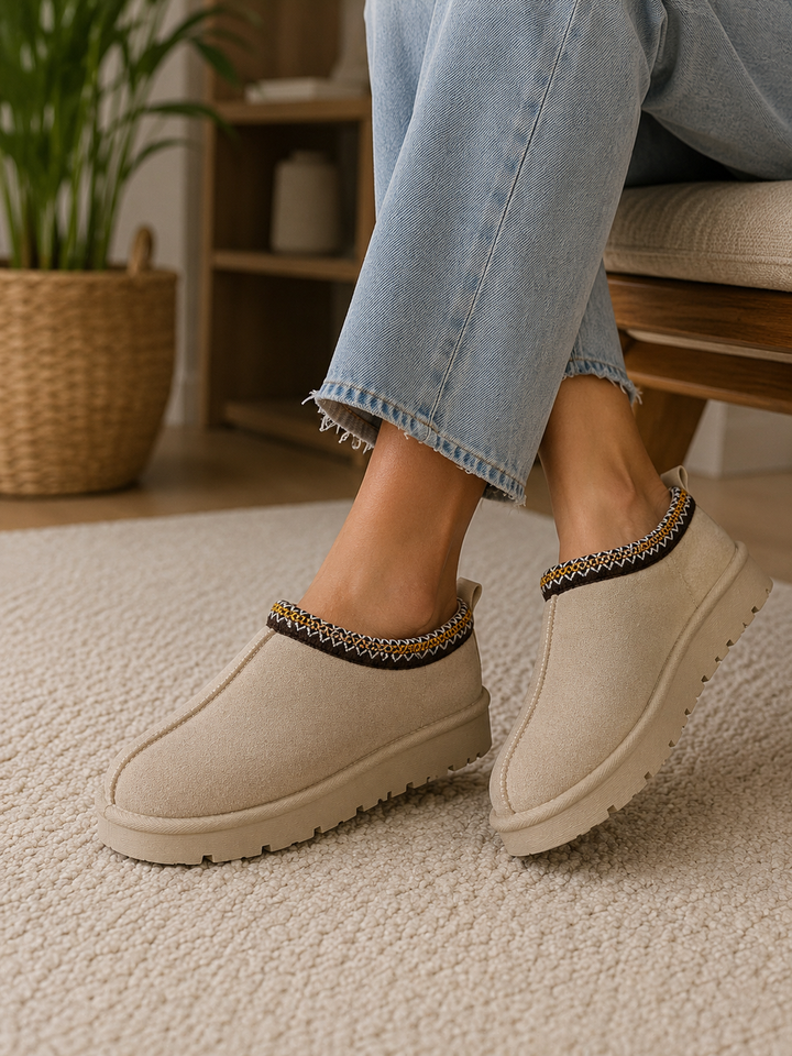 Beige Snug Mule Faux Suede Clogs Comfortable Slip-On Shoes with Patterned Trim