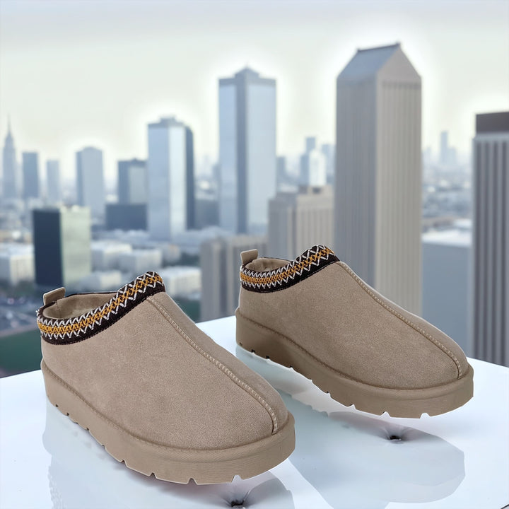Beige Snug Mule Faux Suede Clogs Comfortable Slip-On Shoes with Patterned Trim