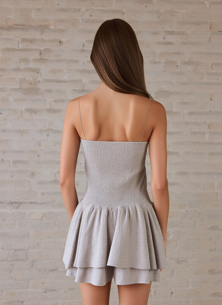 Beige Strapless Playsuit Tiered Ruffle Hem Cotton Summer Lightweight Vacation Outfit