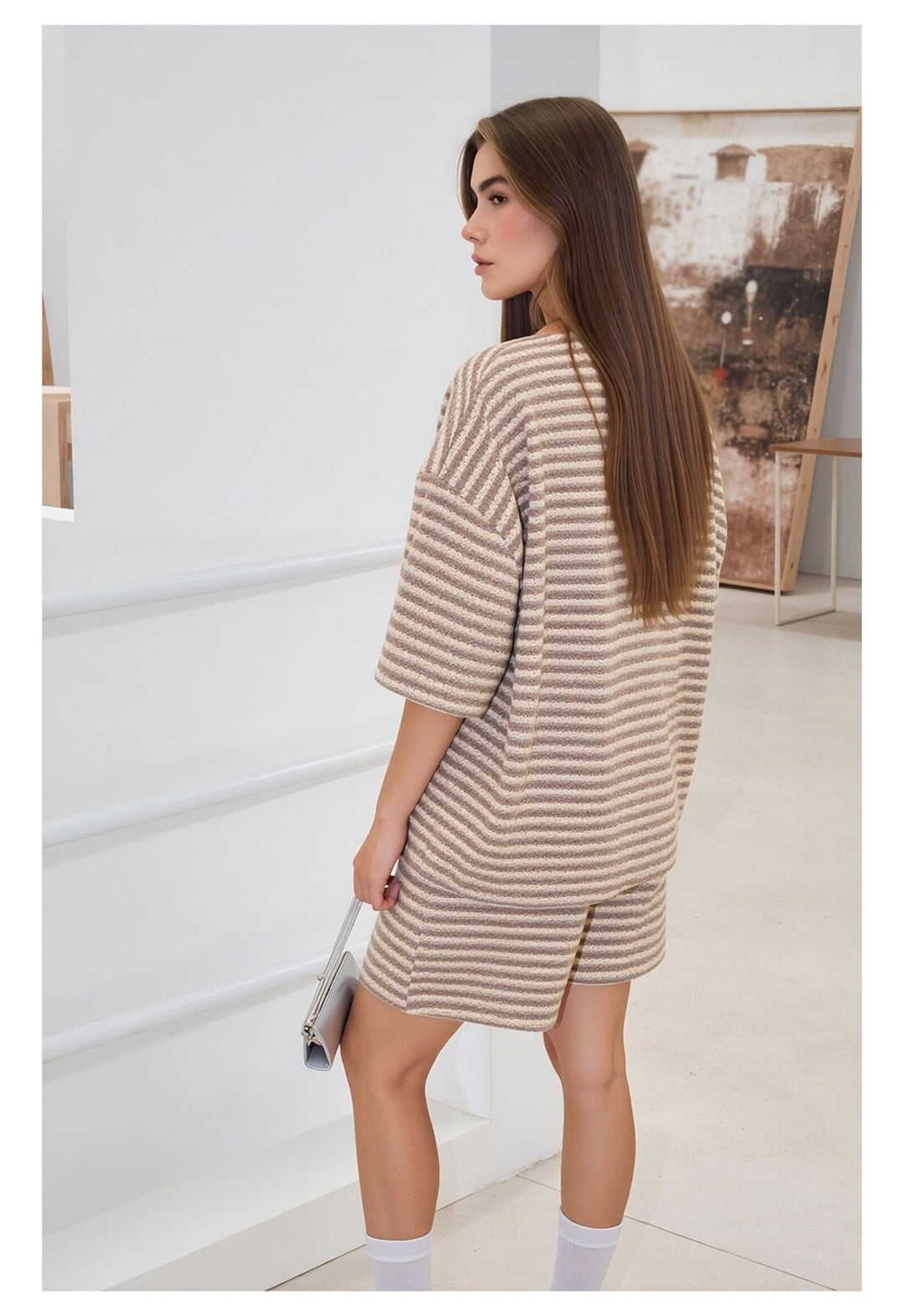 Beige Striped Knitted Co-Ord Shorts Set with Oversized Top Set