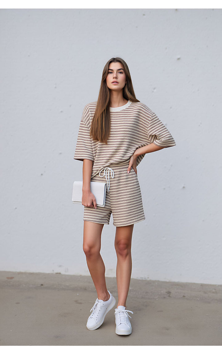 Beige Striped Knitted Co-Ord Shorts Set with Oversized Top Set