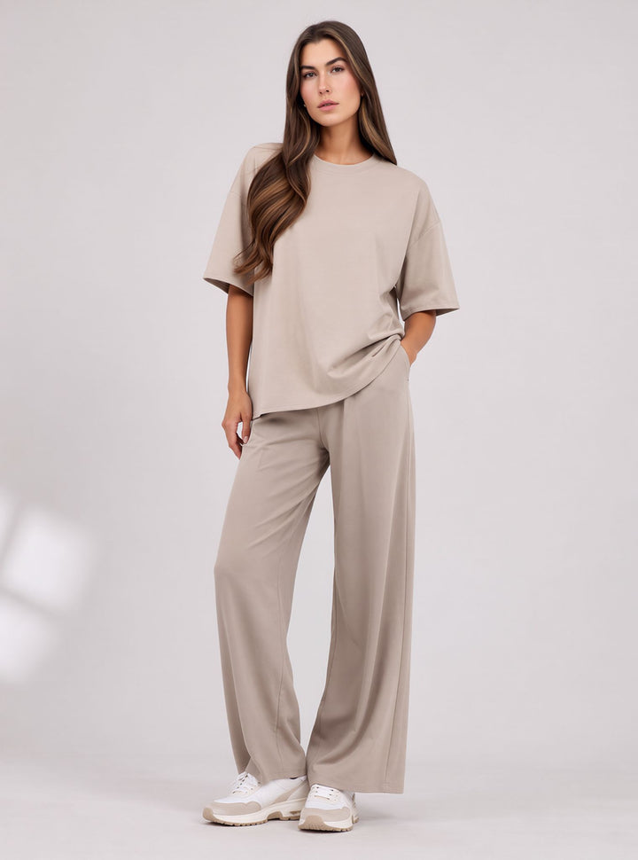 Beige Two Piece Co-Ord Set Oversize Top with Seam Detail Wide Leg Trousers