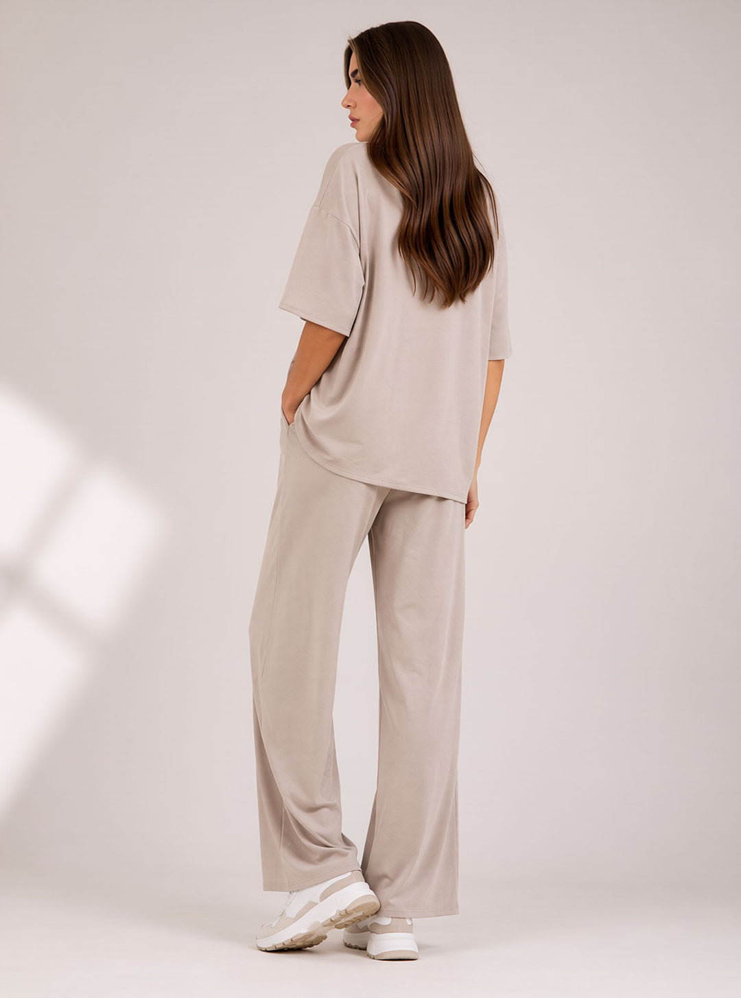 Beige Two Piece Co-Ord Set Oversize Top with Seam Detail Wide Leg Trousers