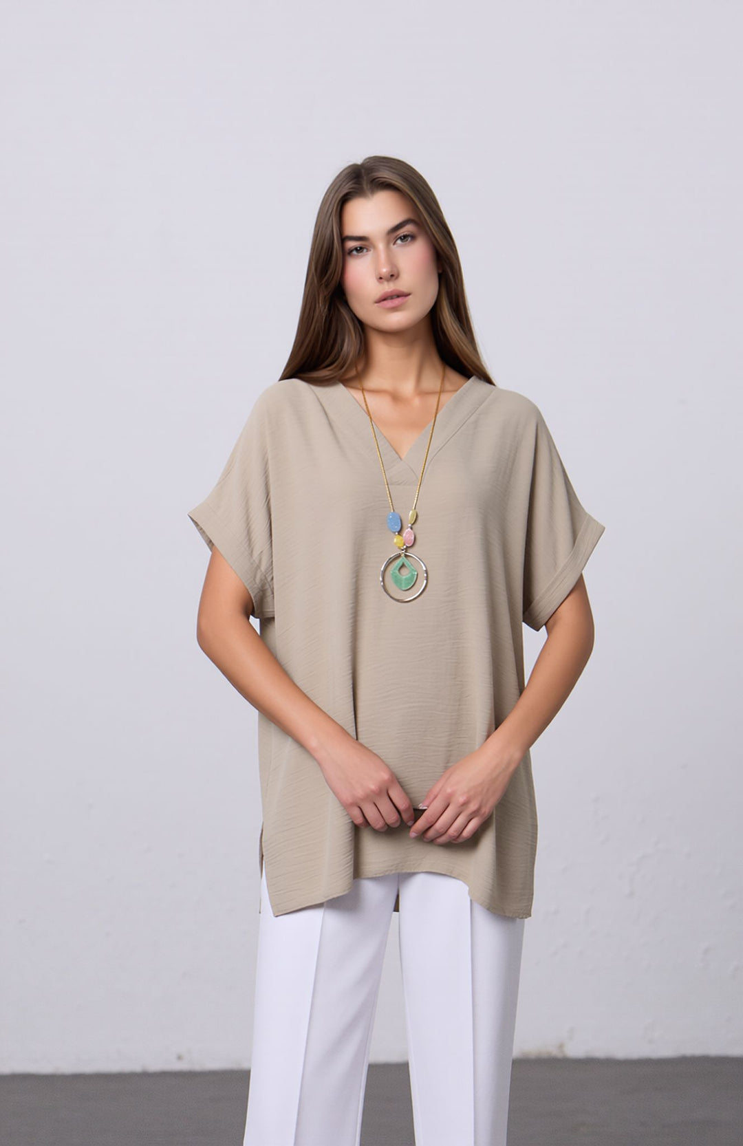 Beige V-Neck Batwing Top with Pendant Necklace Elegant Loose Fit Short Sleeve Blouse