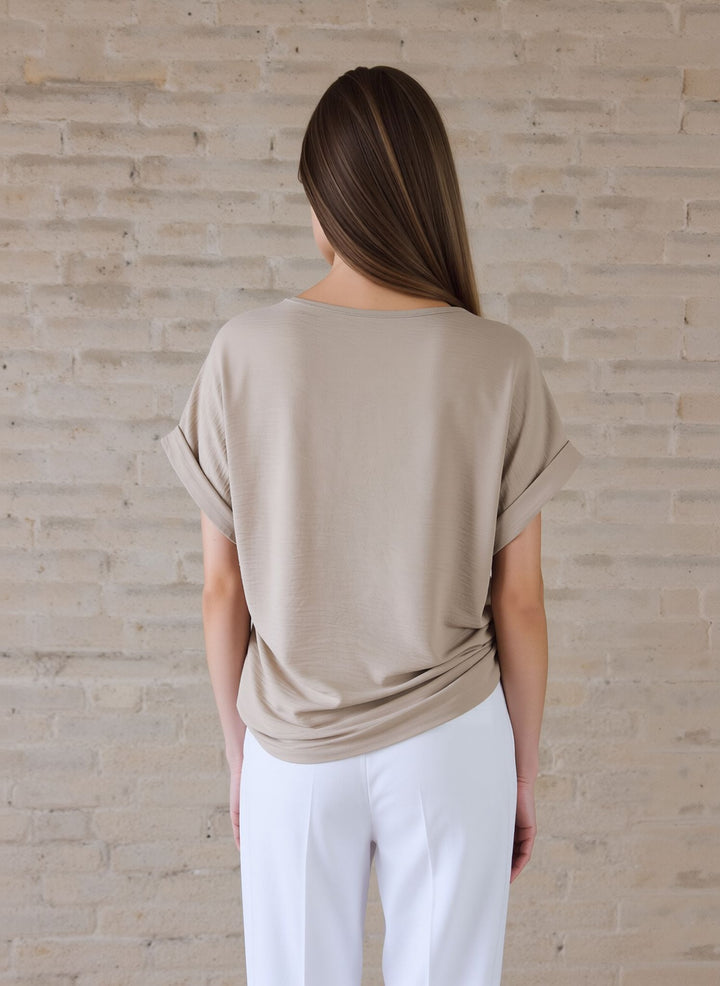 Beige V-Neck Batwing Top with Pendant Necklace Elegant Loose Fit Short Sleeve Blouse