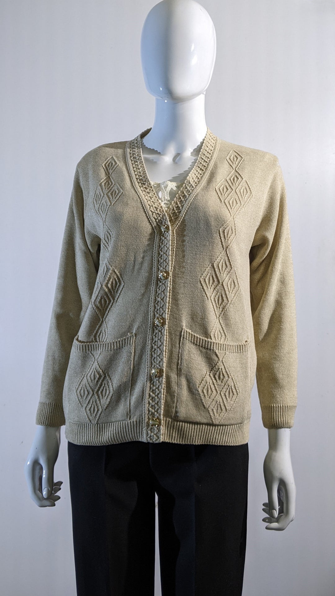 Beige V-Neck Diamond Design Cardigan with Pockets