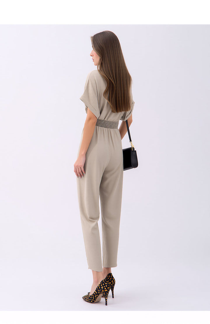 Beige V-Neck Wide Leg Jumpsuit with Belt