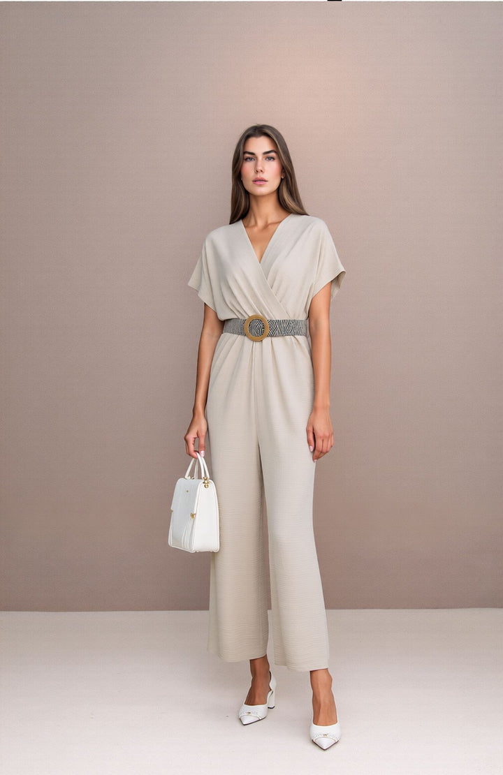 Beige V-Neck Wide Leg Jumpsuit with Belt