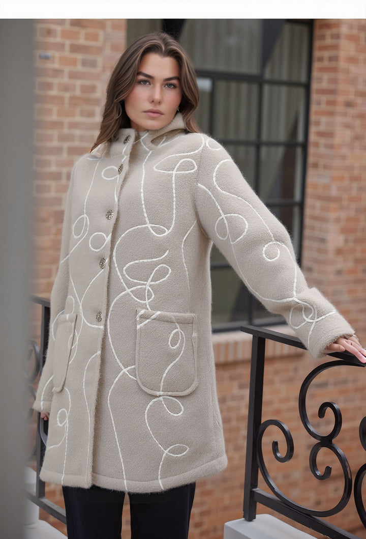 Beige Warm Bouclé Winter Stylish Pattern Coat