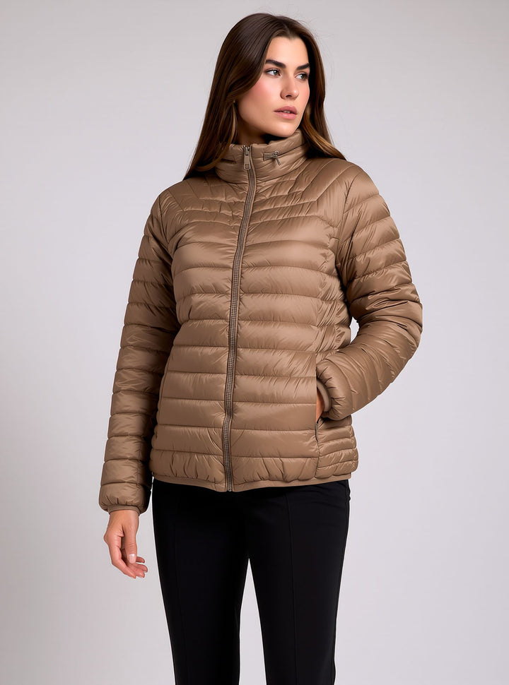 Taupe Waterproof & Windproof Lightweight Padded Jacket with Funnel Neck