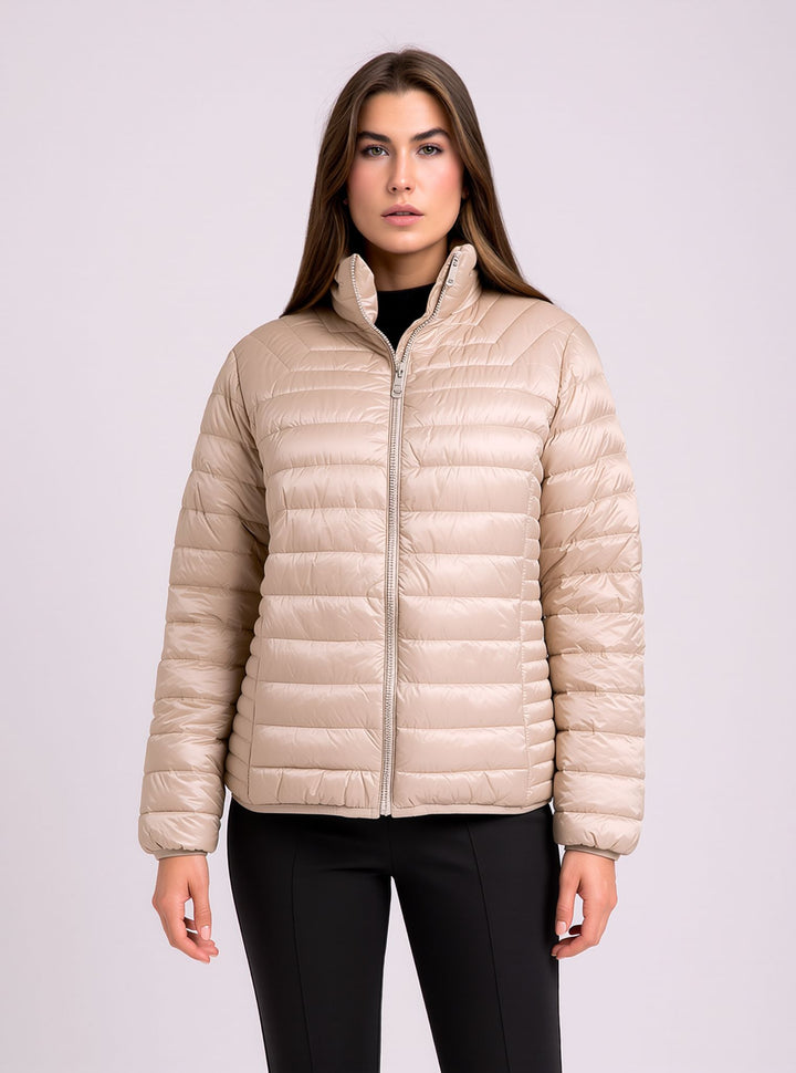 Beige Waterproof & Windproof Lightweight Padded Jacket with Funnel Neck