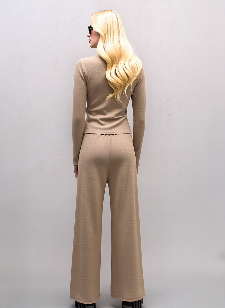 Beige Wide Leg Co-Ord Set  Wrap Top & Trousers Two Piece Outfit