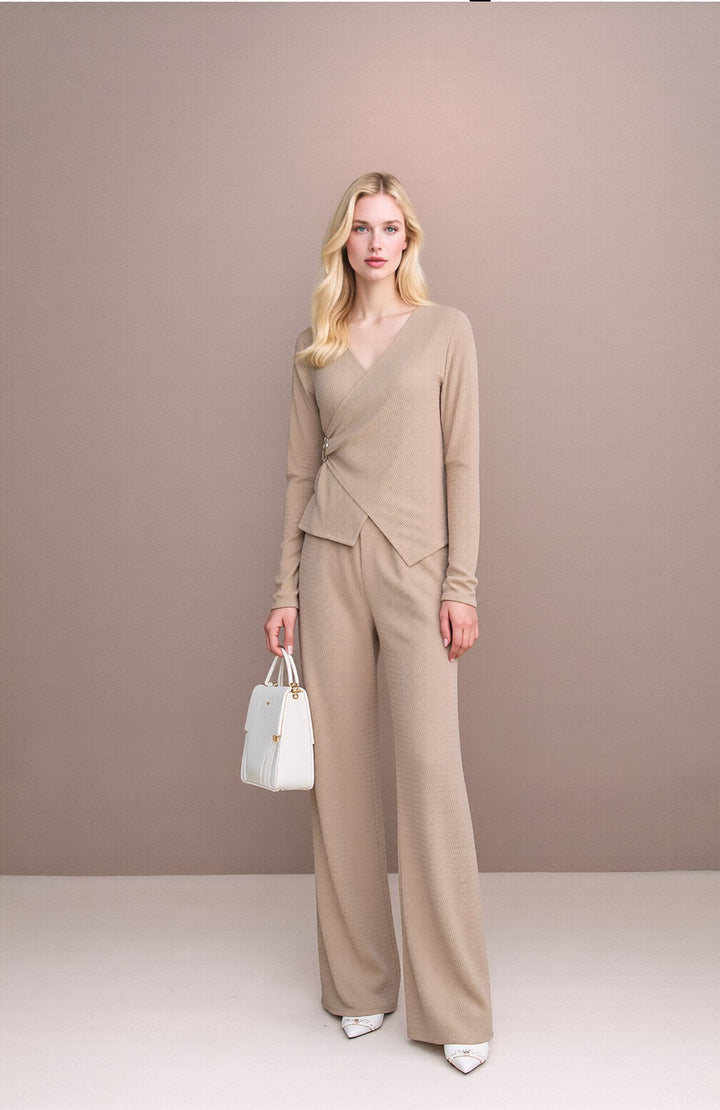 Beige Wide Leg Co-Ord Set  Wrap Top & Trousers Two Piece Outfit