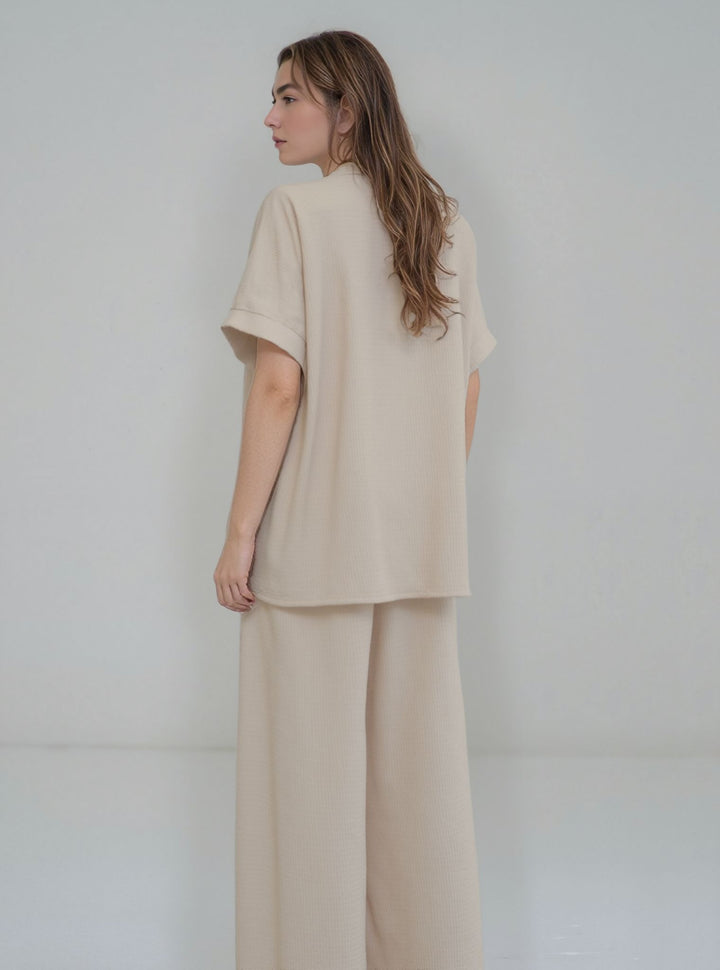 Beige Women's Gold Button Wide Leg Trouser Comfy Co - Ord