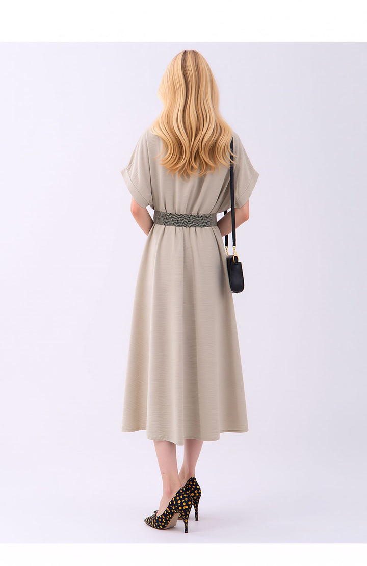 Beige Wrap Midi Dress Elegant Summer Occasion Dress with Belt