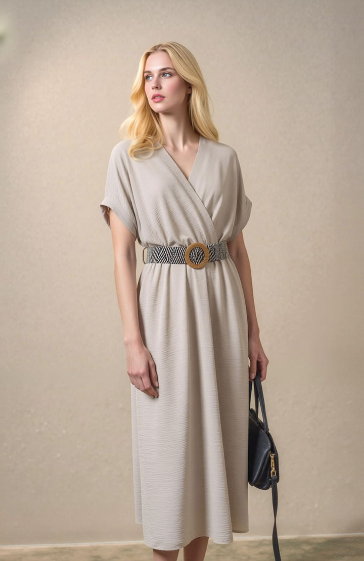 Beige Wrap Midi Dress Elegant Summer Occasion Dress with Belt