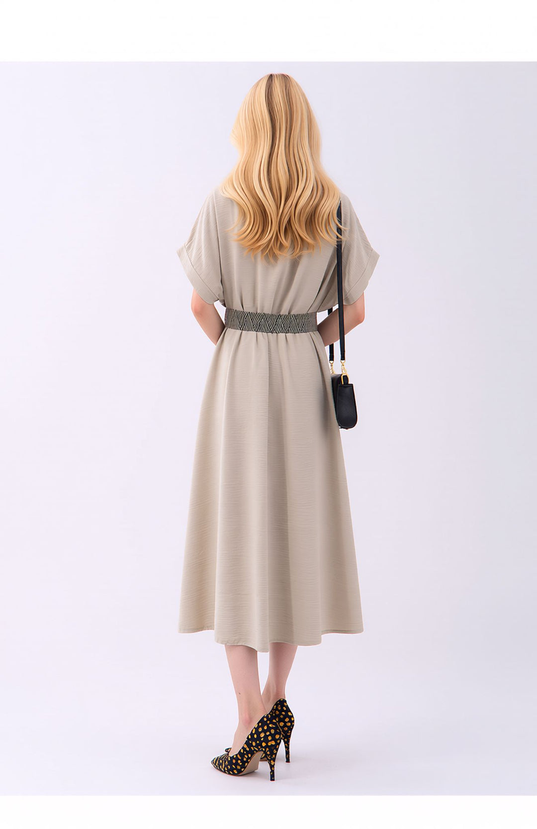 Beige Wrap Midi Dress Elegant Summer Occasion Dress with Belt