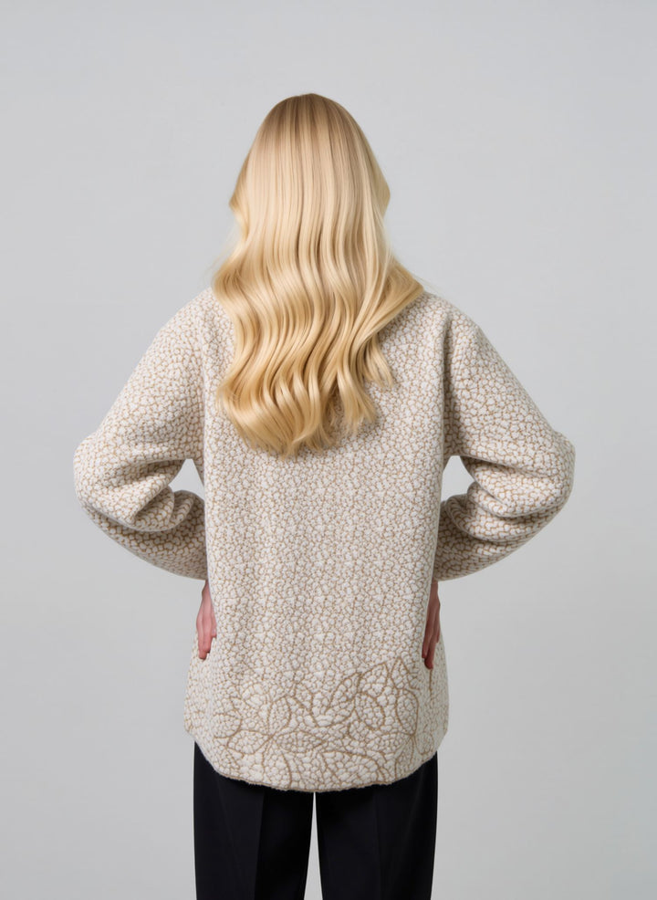 Beige & Cream Floral Jacquard Knit Button Premium Heavy Cardigan