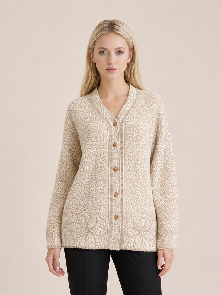 Beige & Cream Floral Jacquard Knit Button Premium Heavy Cardigan