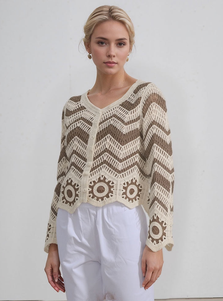 Beige & Cream Crochet Knit Button Boho Cardigan
