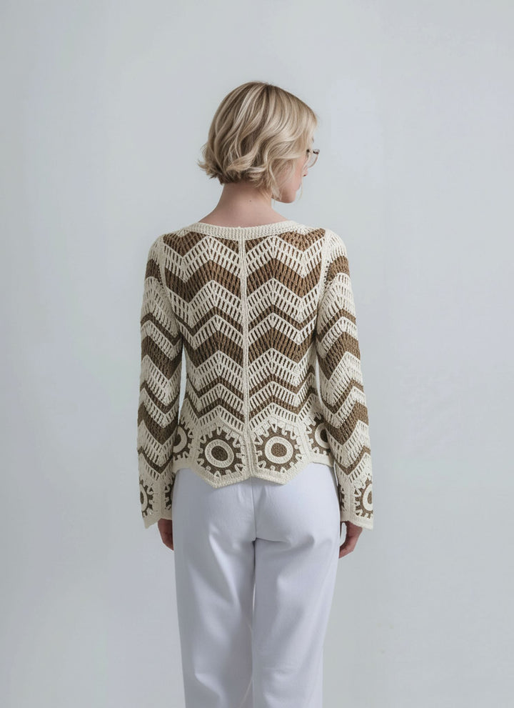 Beige & Cream Crochet Knit Button Boho Cardigan