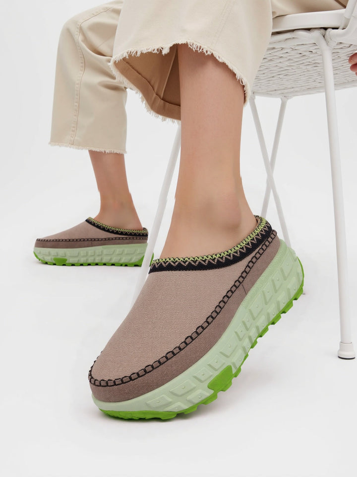 Beige & Neon Green Faux Suede Slip On Chunky Platform Slipper Mules