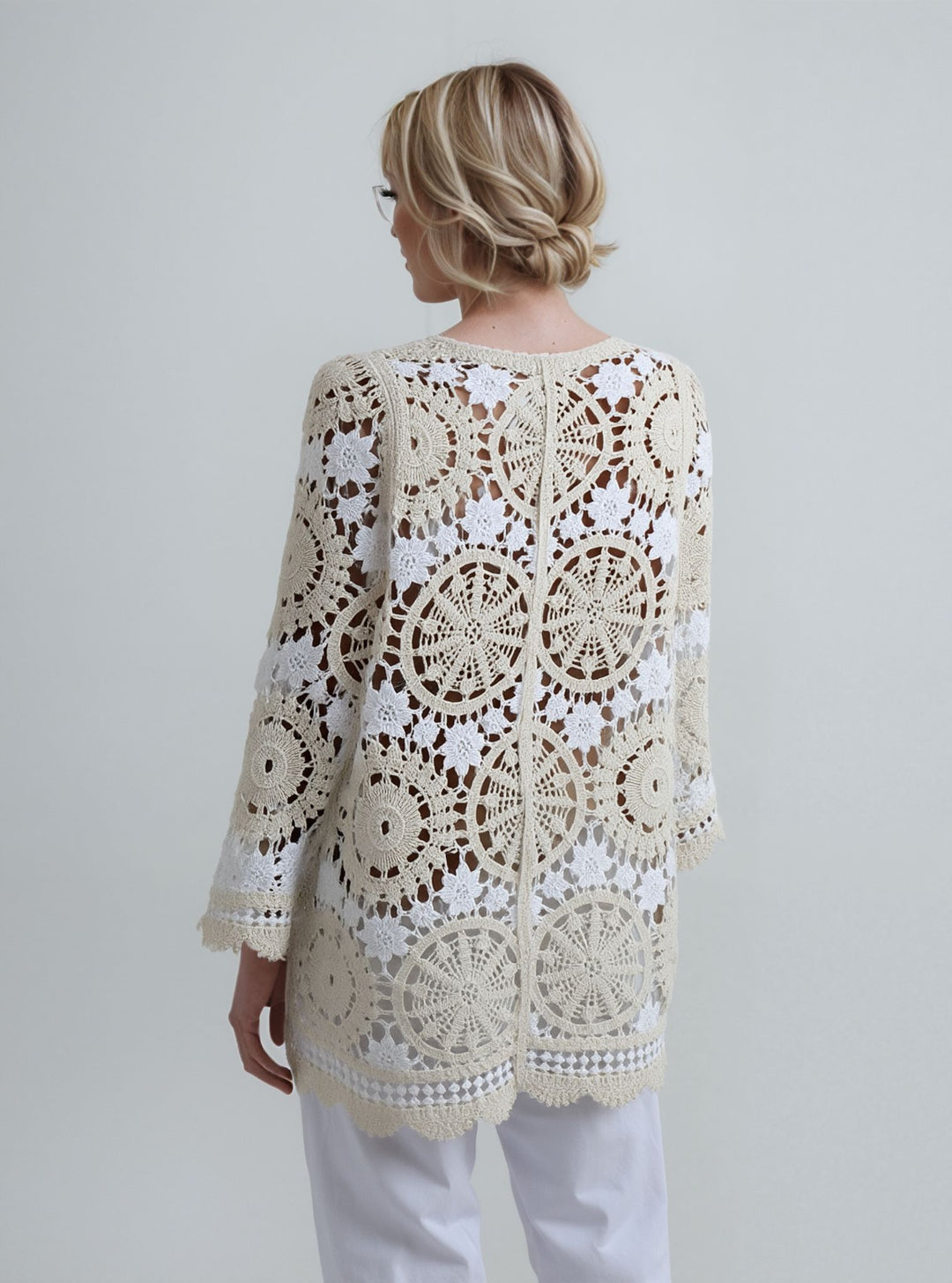 Beige & White Lace Open Crotchet Kimono Cardigan