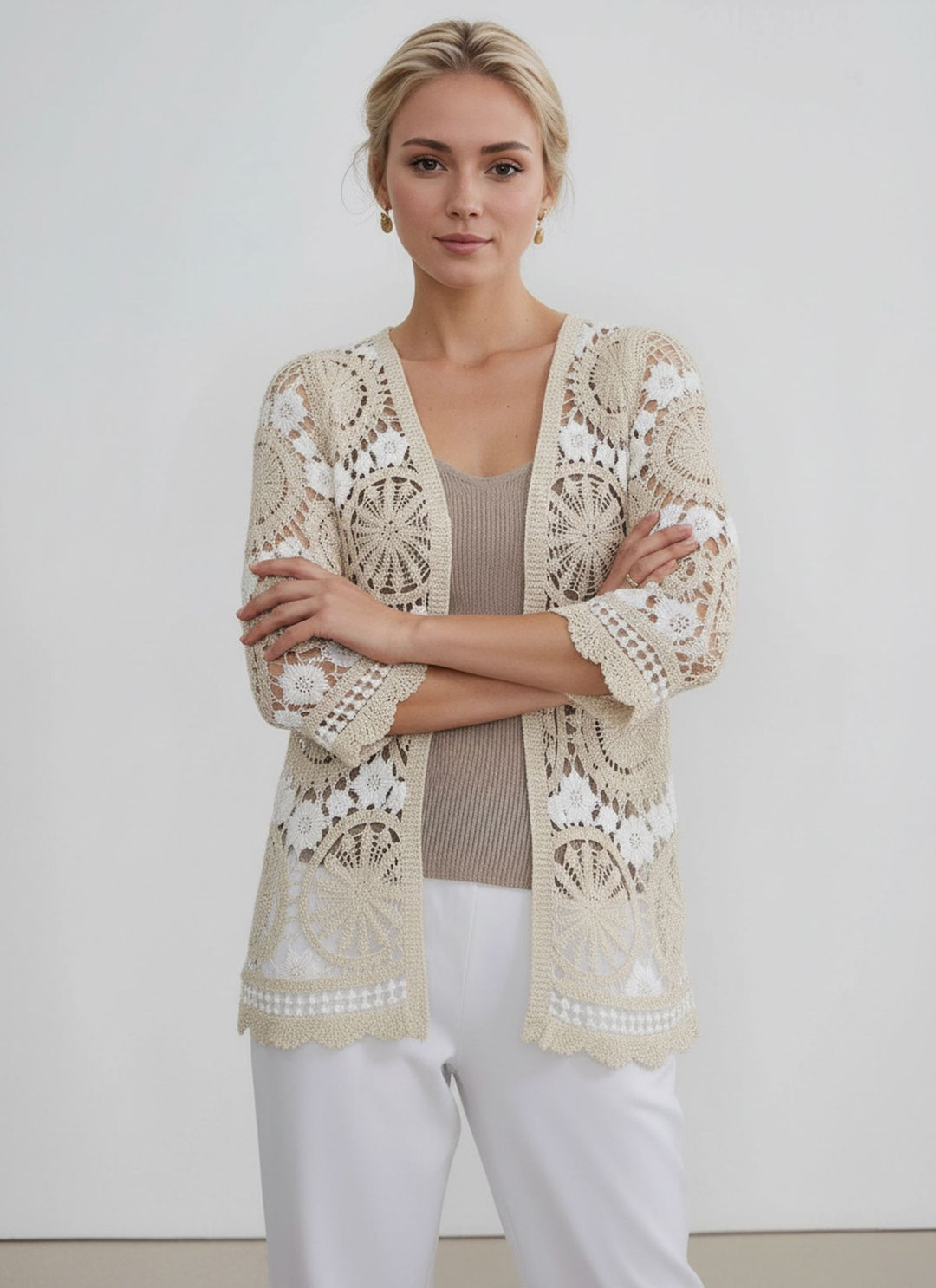 Beige & White Lace Open Crotchet Kimono Cardigan