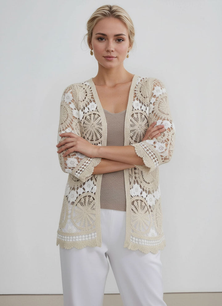 Beige & White Lace Open Crotchet Kimono Cardigan