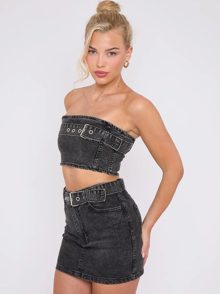 Black Belted Bandeau Crop Top & Mini Skirt Denim Co-ord