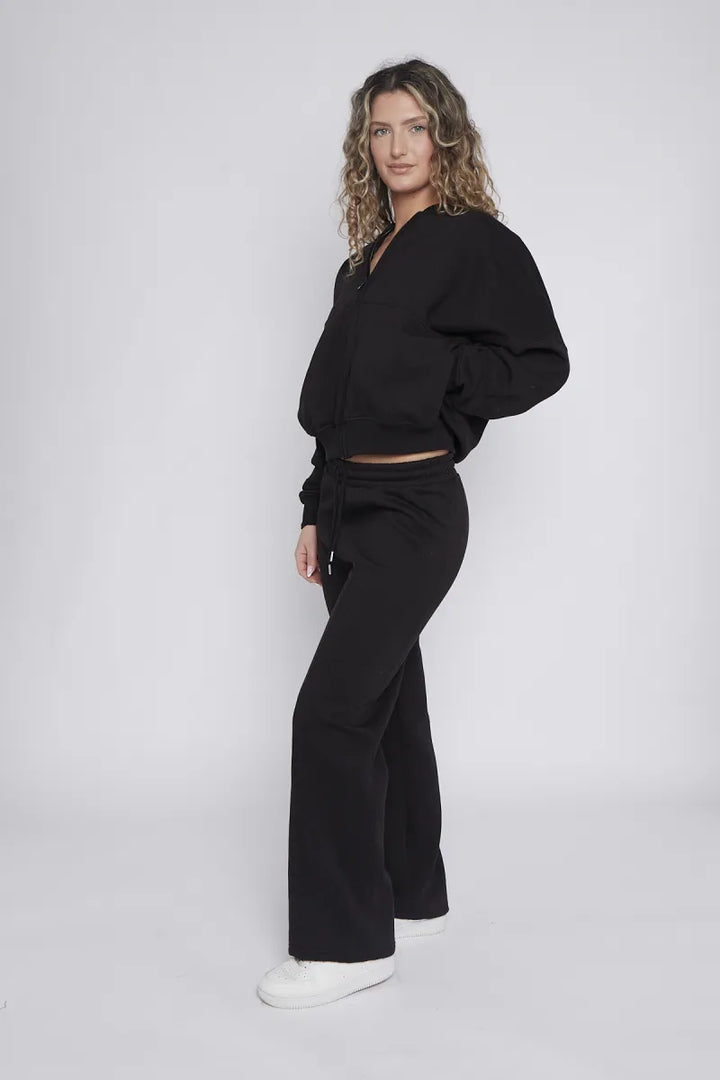 Black Bomber Style Jacket & Wide Leg Bottoms Co-ord Loungewear Set