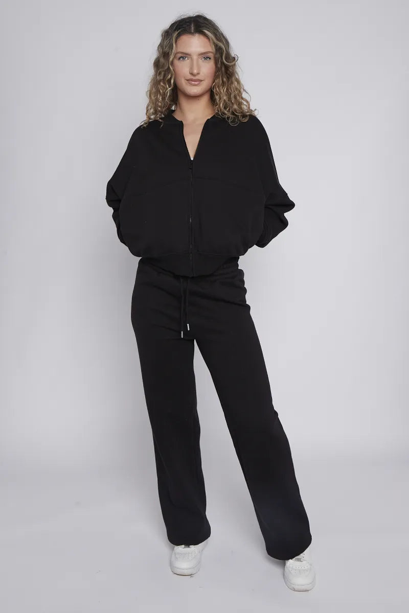 Black Bomber Style Jacket & Wide Leg Bottoms Co-ord Loungewear Set