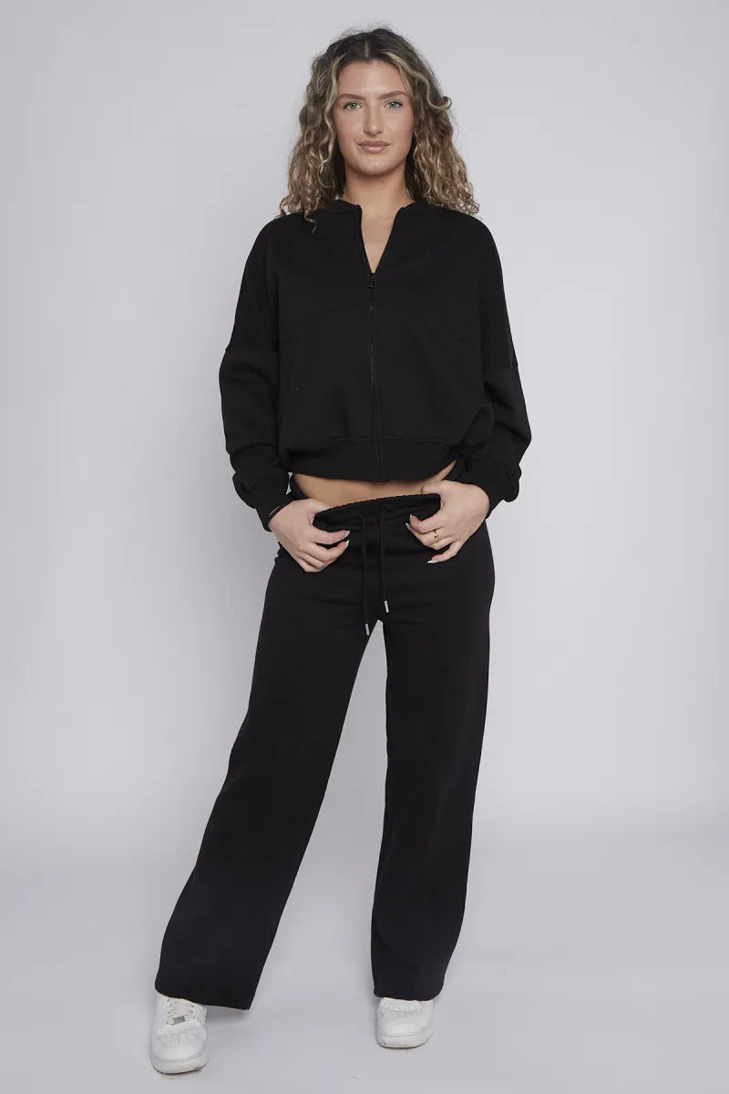 Black Bomber Style Jacket & Wide Leg Bottoms Co-ord Loungewear Set